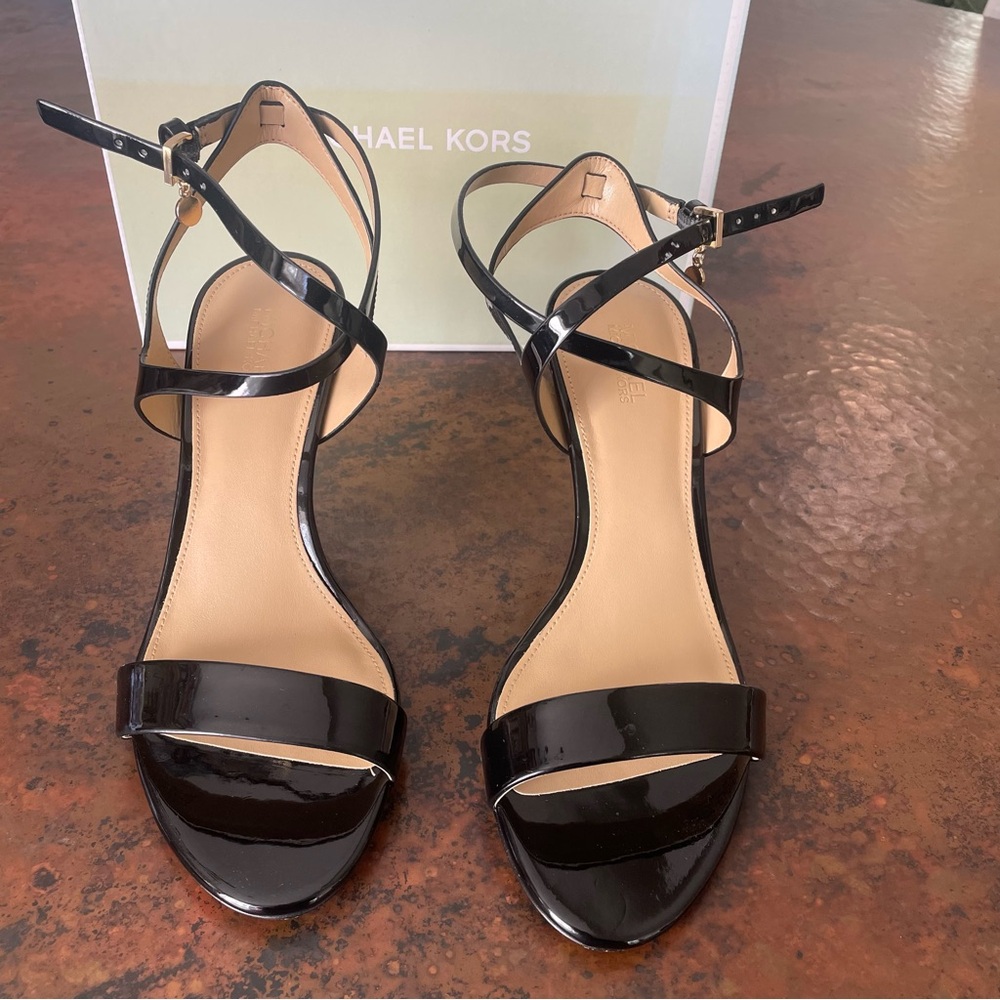 Michael Kors Kaylee Mid Patent Black Strappy Sandals